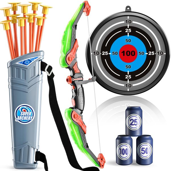 TEMI Bow and Arrow for 3 4 5 6 7 8 9 10 Year Old Kids Boys, LED Light Up Archery Toy with 10 Suction Cup Arrows, 4 Target & Quiver, Indoor Outdoor Activity Toys, Birthday Gift Toys for Kids Boys Girls