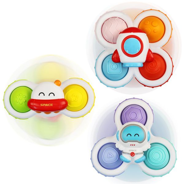 LZZAPJ Sensory Toys for Toddlers 1-3, Suction Cup Spinning Top Toy, Baby Gifts Idea for Boy Girl Toddler 3pcs Suction Cup Spinner Toy for Baby 12-18 Months Baby (Spaceship Series)