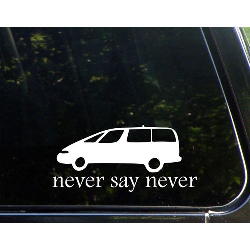 Sign Depot Never Say Never with Minivan - 8" x 3-3/4" - Vinyl Dye Cut Decal Bumper Sticker