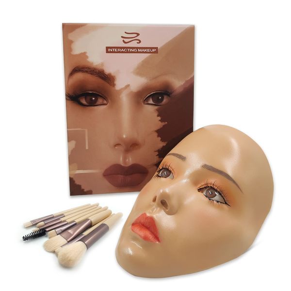 3D Makeup Practice Face,Reusable Makeup Mannequin Head with Makeup Brushes Set,Silicone Full Face Practice Eyelash Eye Shadow,for Emerging Makeup Artist,for Girl's Gift