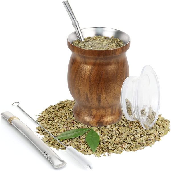 ROCKY&CHAO 9 Oz Yerba Mate Gourd Tea Cup, Stainless Steel Double-Walled Teacup Set Traditional Mate Cup Included 2 Bombillas(Yerba Mate Straws), Yerba Mate Gourd Cup and Cleaning Brush, Wood Grain