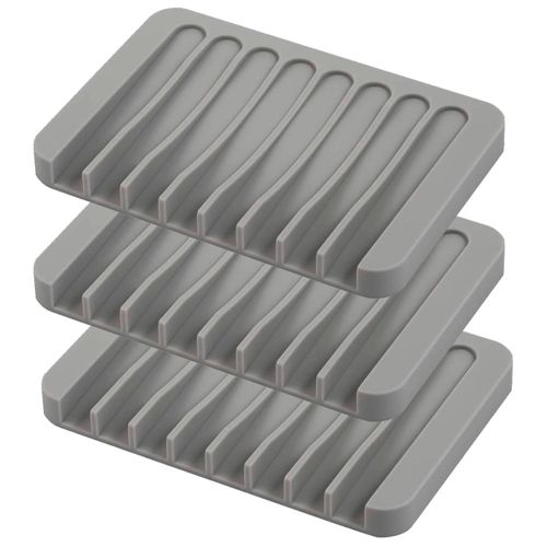 Self Draining Soap Dishes, 3 Pcs Silicone Soap Saver, Waterfall Drainer Soap Holder for Bathroom, Extend Soap Life, Keep Soap Bars Dry Clean & Easy Cleaning (Gray)