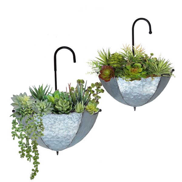 GIFTME 5 Set of 2 Galvanized Metal Umbrella Hanging Wall Planter Flower Holder Indoor or Outdoor Garden Succulent Wall Planter Set