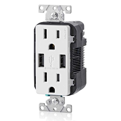 Leviton T5632-W Type-A USB In-Wall Charger with 15A Tamper-Resistant Outlet, USB Charger for Smartphones, White