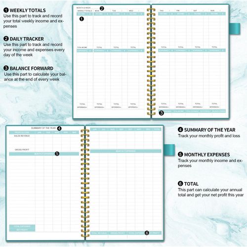 Income & Expense Tracker, Accounting Bookkeeping Ledger Book for Small Business –Accounting Ledger Record Notebook with Pocket, Man & Women, 53 Weeks(8.5"x5.5")，Teal
