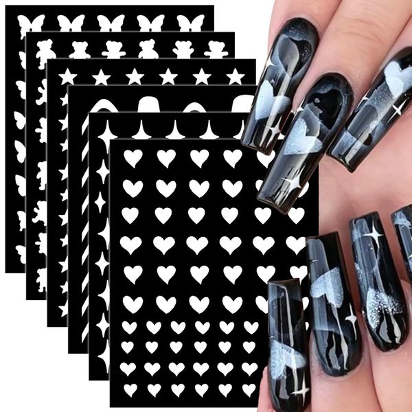 JERCLITY 6 Sheets Airbrush Stencils Nail Stickers for Nail Art Self-Adhesive Star Heart Butterfly French Tip Nail Decals Stencils Tool for Women Girls Nail Art Accessories