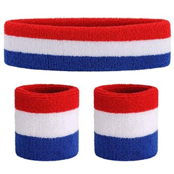 Sweatband Set Sports Headband Wristband Set Sweatbands Terry Red/White/Blue
