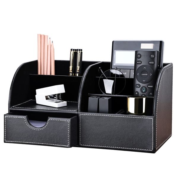 KINGFOM PU Leather Office Desk Organiser Tidy Pen Pencil Pots Stationery Storage Box Desk Accessories Black