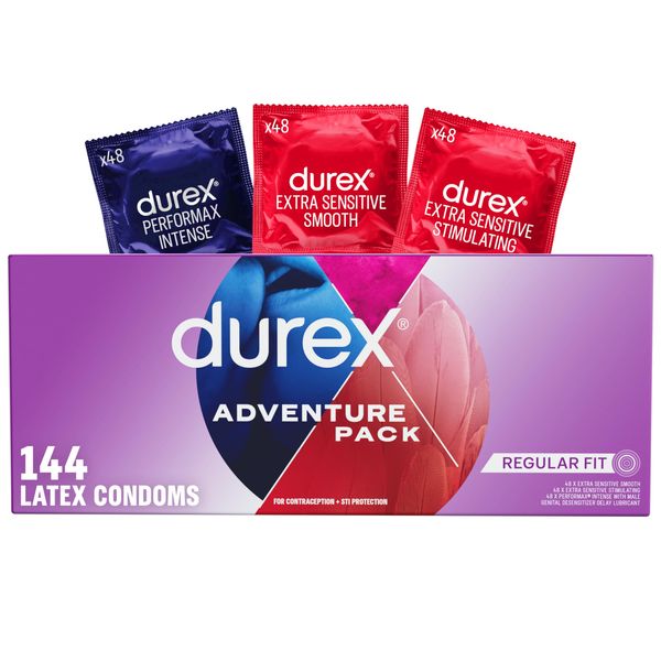 Durex Condoms Adventure Pack | Mix of Smooth & Ribbed Condoms Bulk | Condom Variety Pack | Regular Fit Latex Condoms (Includes Durex Extra Sensitive Smooth, Stimulating, & Performax Intense), 144 ct