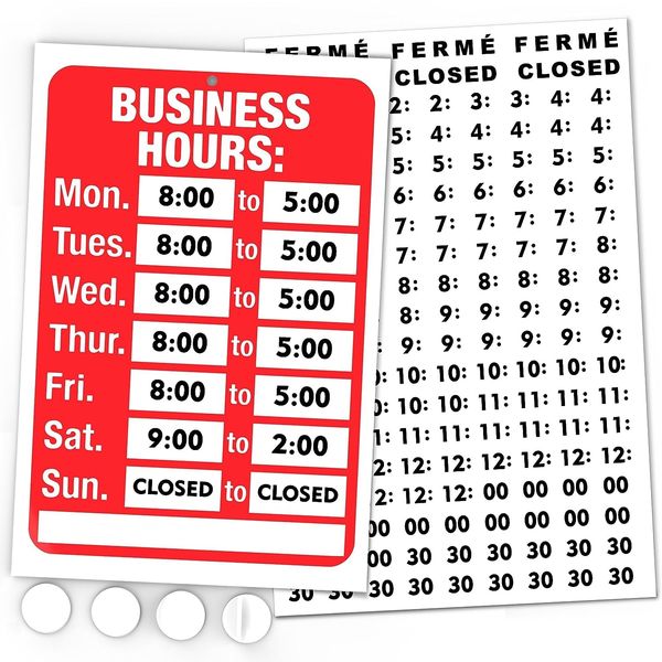 Opening Times Sign Kit - Bright Red and White Colors - 7.7 x 11.7 Inch - Includes 4 Double Sided Adhesive Pads and Black Number Sticker Set - Ideal Open Closed Signs for Any Business, Store or Office