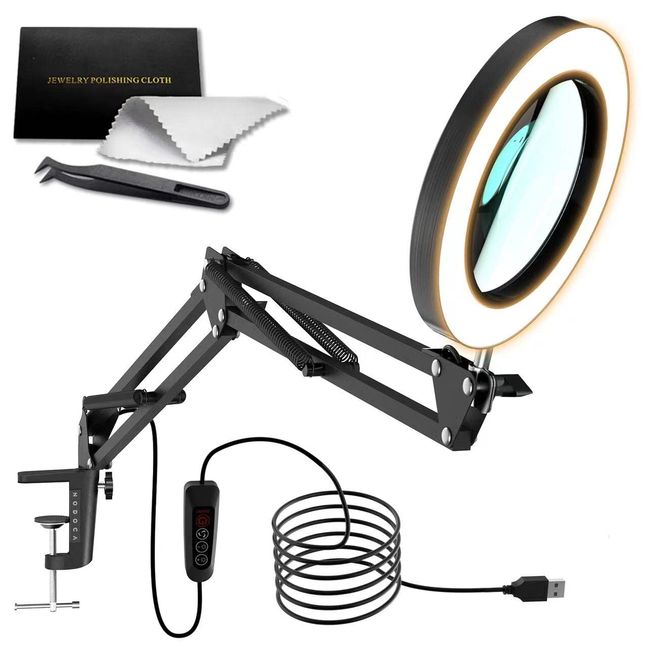 NODOCA Magnifying Glass Stand LED Loupe Desk Light, 5x Magnification Magnifier with Clip, Desktop Light, 72 LED Lights, 3 Colors Stepless Dimming, 360° Angle Adjustable, USB Powered, Reading, Newspaper, Eye Friendly, Multi-Purpose