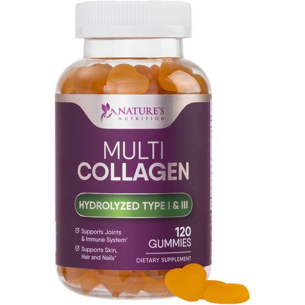 Collagen Gummies Type 1 and 3 Hydrolyzed Multi Collagen - Support for Hair, Skin, & Nails - Gummy Vitamins Supplement for Women and Men - Non-GMO Gluten-Free Orange Flavor - 120 Gummies