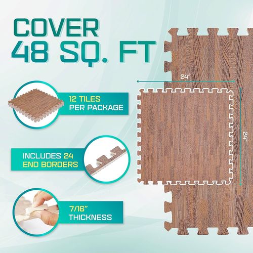 Yes4All Interlocking Foam Tiles, Non-Slip Foam Floor Tiles for Home Gym- Oak Wood Dark, 12 tiles 24"x 24"x 7/16" cover 48 Sqft