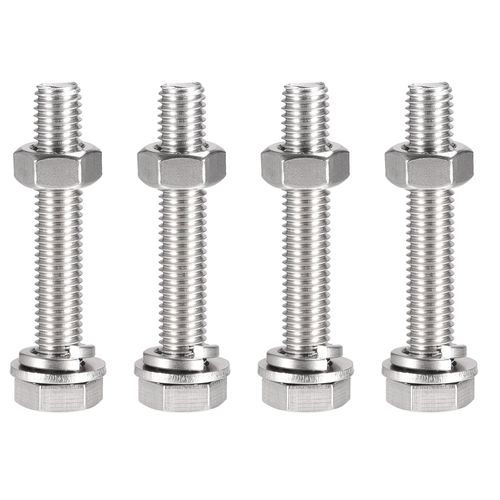 sourcing map M10 x 60mm Hex Head Screws Bolts, Nuts, Flat & Lock Washers Kits, 304 Stainless Steel Fully Thread Hexagon Bolts 4 Sets