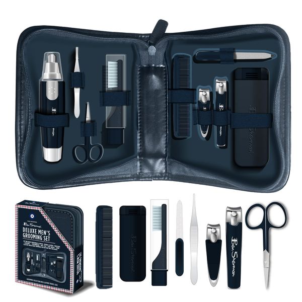 Ben Sherman Nail Clipper Set for Men, 10 Pcs Deluxe Grooming Kit for Men - includes Nail Clippers, Nose Hair Trimmer, Tooth Brush, Scissors and more. Men's Grooming Kit