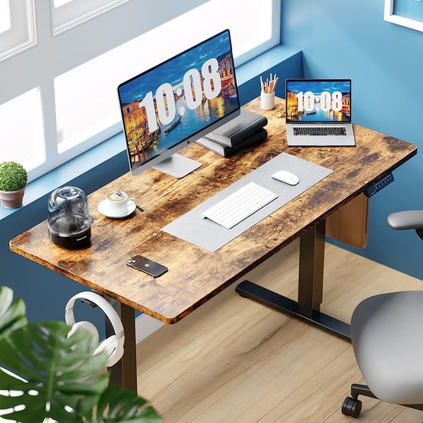 55" Rust Brown Modern Height Adjustable Electric Standing Desk Home Office Table