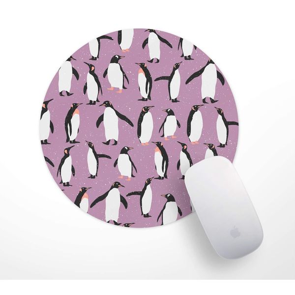 Purple Penguins Winter Scene Print Pattern PC Computer Round Mouse Mat Pad