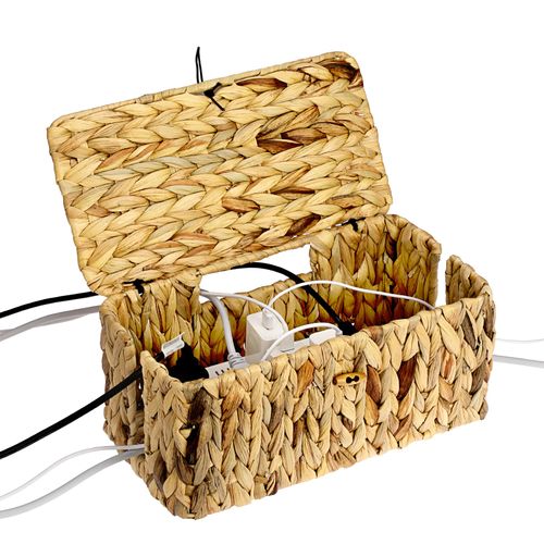 BTSKY Woven Cable Management Box with Lid, Water Hyacinth Cord Organizer for Desk, Cable Organizer Box with 2-Open Slots to Hide Power Strips USB Hubs for Home & Office, Pet Proofing Cord Basket, L