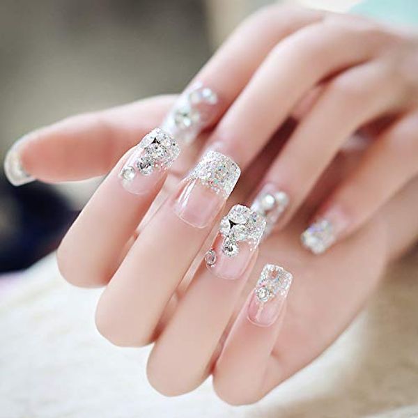 24 Pieces French Nail Tips 3D Decoration Light Powder Bling Handmade Nail Tips for Weddings, Parties, After-Parties and More