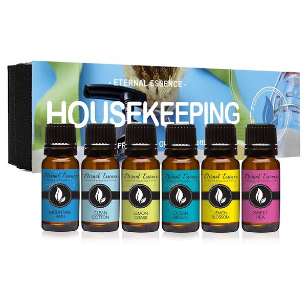 Housekeeping - Gift Set Of 6 Premium Fragrance Oils - Clean Cotton, Lemon Blossom, Lemon Grass, Sweet Pea, Ocean Breeze and Mountain Rain - 10ML