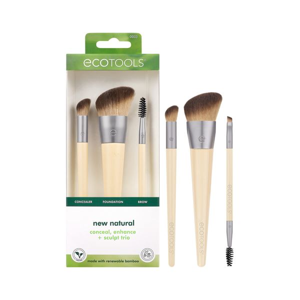 EcoTools New Natural Conceal, Enhance, & Sculpt Trio, Makeup Brushes For Foundation, Concealer, & Brows, Dense, Synthetic Bristles For Sculpting Face, Vegan & Cruelty-Free, 3 Piece Set