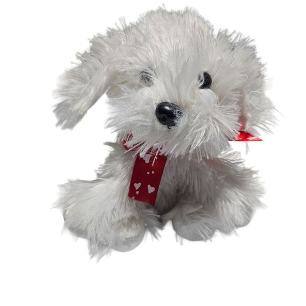 Dan Dee White Shaggy Puppy Dog 7 inch Plush Red Heart Valentines Day Ribbon Toy