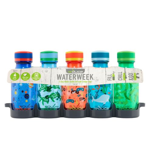 REDUCE WaterWeek Refillable Water Bottles, 14 oz - Includes 5 WaterWeek Leak Proof Tritan Reusable Water Bottles - Includes Fridge Tray For Your Water Bottles - Navigate