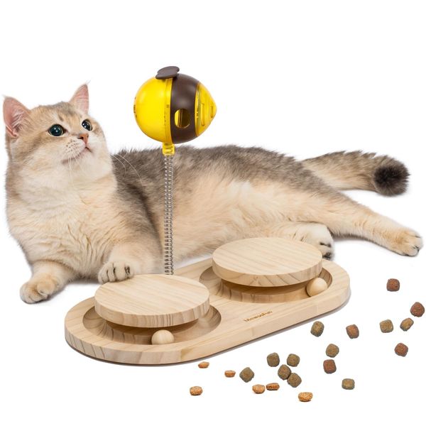 MEWOOFUN Cat Treat Dispenser Toy, Wooden Cat Treat Puzzle, Cat Treat Toy with Cat Ball Track, Cat Puzzle Feeder with Bees Cat Treat Ball, Cute Cat Puzzle Toy (Double)