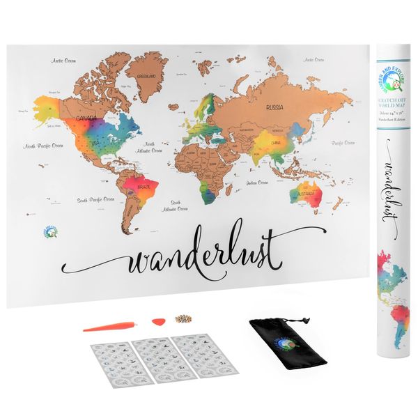 Scratch Off Map of The World | Deluxe Watercolor Wanderlust Edition | XL Size 36"x 24" | Easy to Frame | Beautiful Wall Art | Perfect Travel Gift | Includes Scratch Off Tools