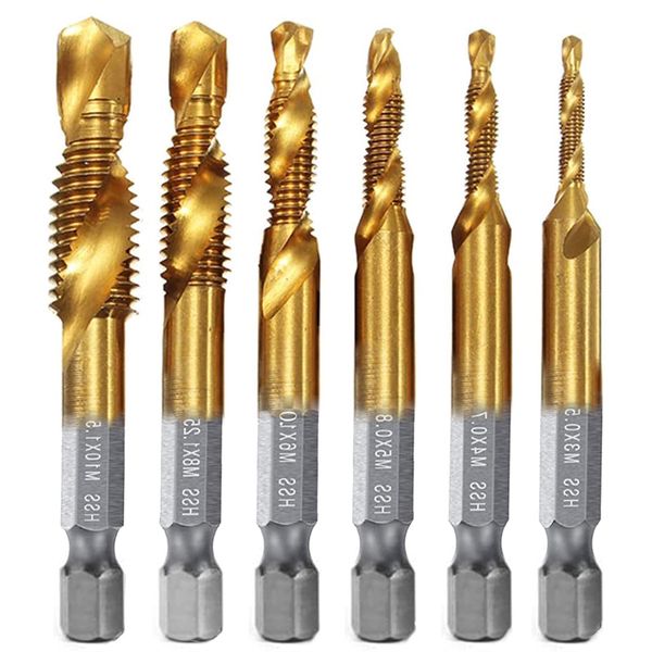 LIKENNY Drill Tap, Hex Bit, Drill Bit, Chamfering Tap, Threading Tap, Spiral, Multi-functional, Drilling HSS High Speed Steel, M3, M4, M5, M6, M8, M10, Tap Drill Set, Set of 6 (Titanium)