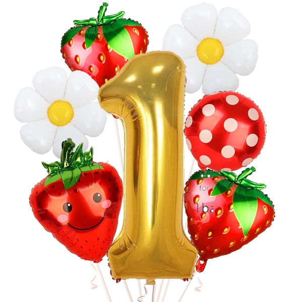 NANAGALI 7Pcs Berry First Party Decorations, 40" Gold One Balloon for First Birthday Decorations Sweet One Strawberry 1st Berry First Birthday Decor Foil Helium Balloons for Girls