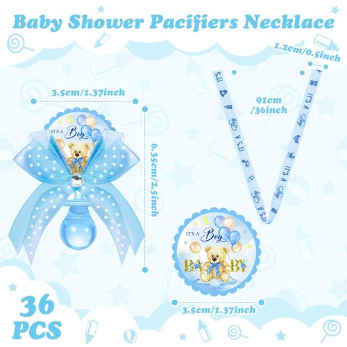 Hotop 36 Pcs Baby Shower Pacifier Necklace Cute Bear Acrylic Baby Party Favors Pacifier Charm Necklace for Girls Boys Shower Party Decoration Table Pieces(Blue,Boy)