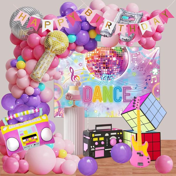 Yancan Disco Birthday Decorations Party Supplies for Girls Women Music Balloon Arch Kit with Happy Birthday Banner, Disco Ball Backdrop, Radio Microphone Foil Balloons