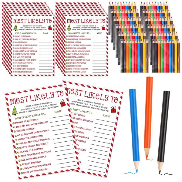 JellyArch 60 Pcs Christmas Party Games for Group 30 Christmas Most Likely to Game Cards with 30 Colored Pencils Team Building Games for Adults Holiday Family Office Coworkers