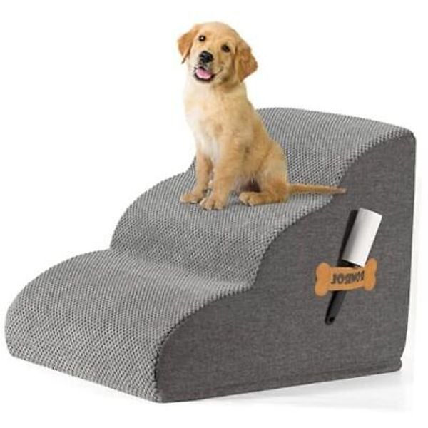 Dog Stairs Ramp for Beds Couches, Extra Wide Pet Steps with 3-Step-Grey