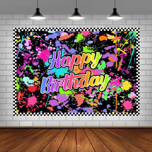 Lofaris Neno Glow in The Dark Birthday Party Photography Backdrops Colorful Graffiti Splash Paint Background Slime Happy Birthday Black Light Sleppover Party Banner Decor for Kids Birthday Supplies
