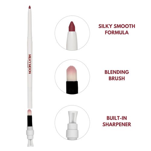Milky Moon London Smooth Glide Cream Lip Liner, Rich Pigment, Longlasting Matte Formula with Sharpener and Brush for Precision, Merlot