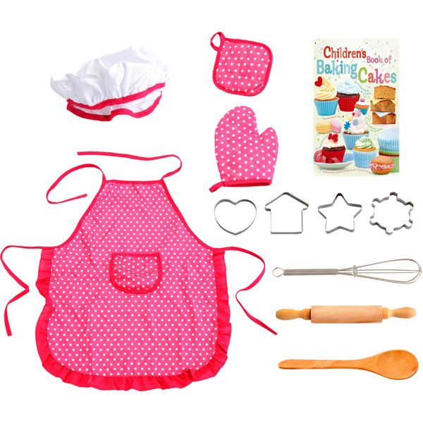 PowerTRC Toddler Cooking Apron for Girls, Cooking and Baking Set for Little Girls, Toddler Chef Outfit Chef Costume Kids Chef Hat and Apron 3-5 Pretend Play