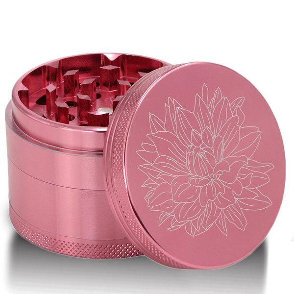 DCOU Premium Aluminium Herb Grinder 2.2 Inches 4 Piece Metal Grinder with Pollen Catcher with Laser Flower Pattern (Pink)