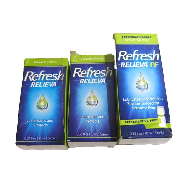 (3) Refresh Relieva Lubricant Eye Drops, Exp 4/25+, 2 Standard, 1 PF