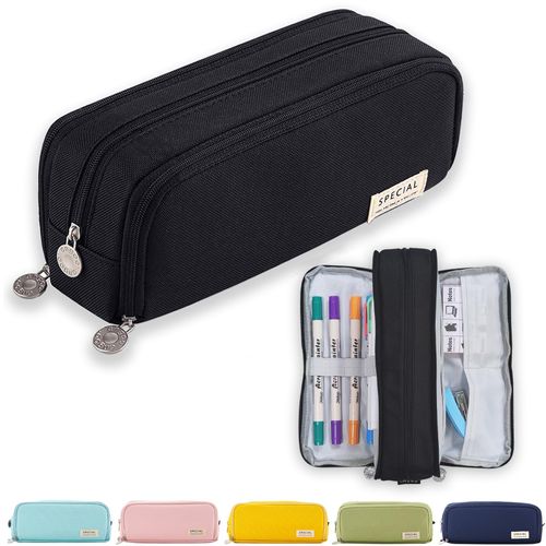 X SIM FITNESSX Pencil Case, Teenagers’ Girls’ Pencil Case, 3 Compartments, Large Capacity Pencil Case for School and Office, Black