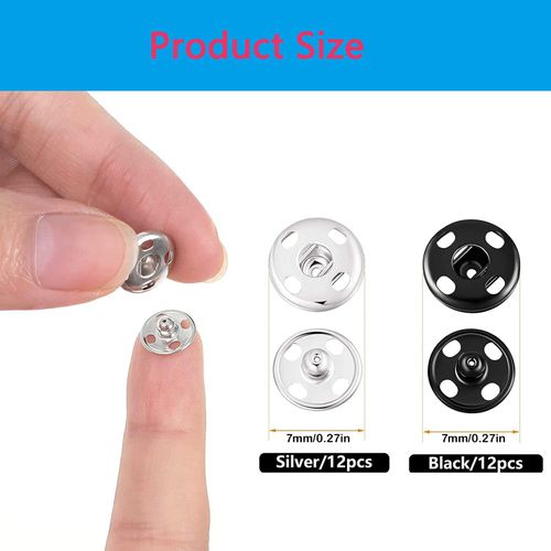 24 Sets 7mm Poppers Fasteners Kit, Press Studs Snap Fasteners Sew On Black Snap Buttons Silver Popper Fasteners Popper Snaps DIY Set Press Studs for Clothes Bags