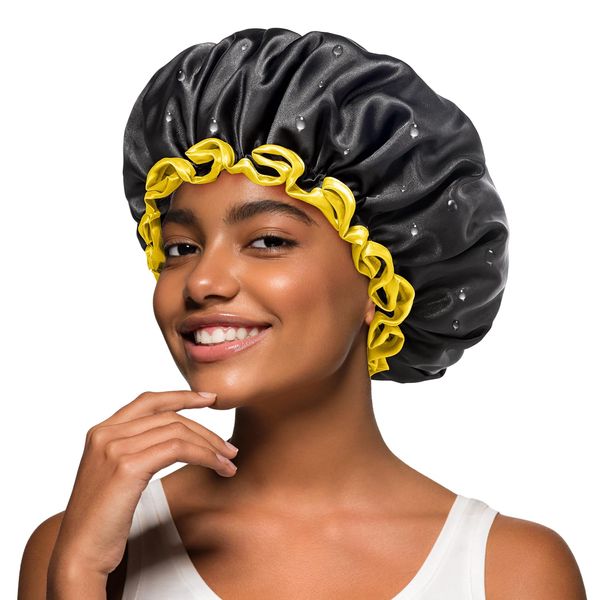 mikimini Black Shower Cap for Women, Men & Girls 1 Pack Reusable Double Layers Waterproof Bathing Shower Hat with Soft Comfortable PEVA Lining, non-fading, Stretchy Shower Cap