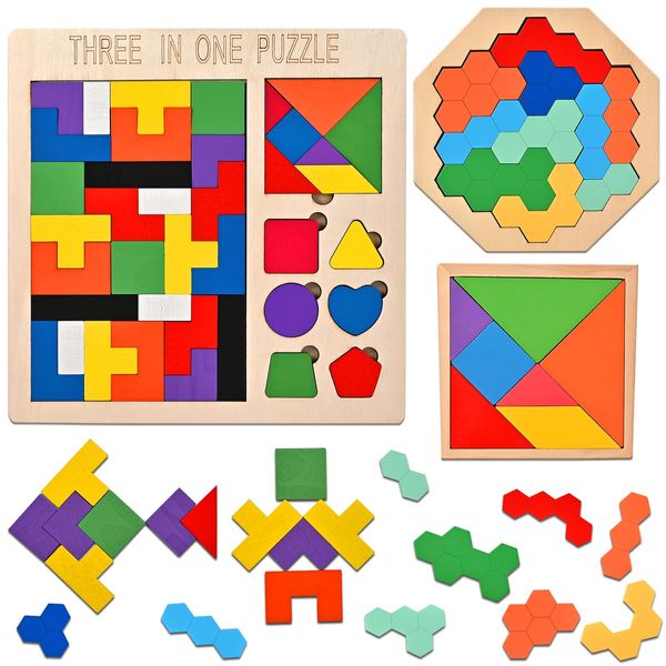 Wooderma 3 Pack Wooden Blocks Puzzles, 3-in-1 Russian Blocks, Octagon Puzzle, Tangrams Puzzles, Brain Teasers Toy Logic Game, Montessori STEM Educational Toys Present for Kids and Adults