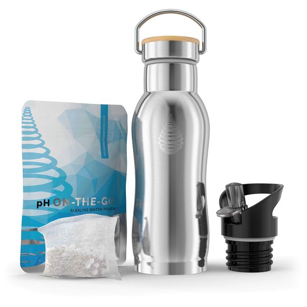 Invigorate Water pH Active Insulated Water Bottle - Filtered Alkaline Water Bottle - Stainless Steel - Includes Alkaline Water Filter Plus Bonus Sports Gym Lid - Double Walled Metal - 400ml