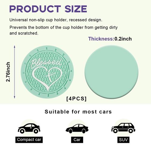 Dickno 4PCS Car Cup Holder Coaster, 2.76 Inch Blessed Cross and Heart Christian Drink Mat, Soft PVC Non-Slip Shockproof Insert Cup Coaster for Women Girls, Interior Car Accessories (Green)
