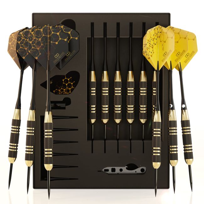 CC-Exquisite Professional Steel Tip Darts Set - 6 x 22g Brass Barrels with 12 Flights Standard/Slim, 12 Aluminum Shafts 35/48mm, 12 O-Rings, Dart Tool, Dart Sharpener and Case……