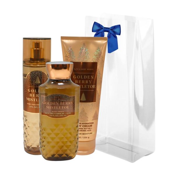 Bath & Body Works GOLDEN BERRY MISTLETOE 3pc Gift Set with a Blue Bow for Holidays & Gifts - Mist, Body Cream & Body Wash - Full Size