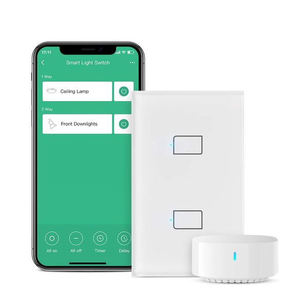 BroadLink - Smart Touch Wall Switch, 2-Fach-Ein-Draht-Schalter, kein Neutralleiter oder Kondensator erforderlich, funktioniert mit Alexa und Google Home, Hub erforderlich