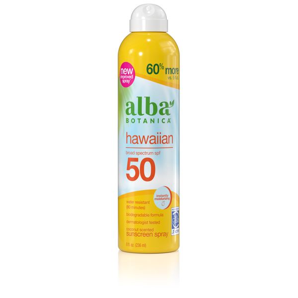 Alba Botanica Hawaiian Coconut Sunscreen, Spray Broad Spectrum SPF 50 Sunscreen, Water Resistant and Biodegradable 8 fl oz Bottle